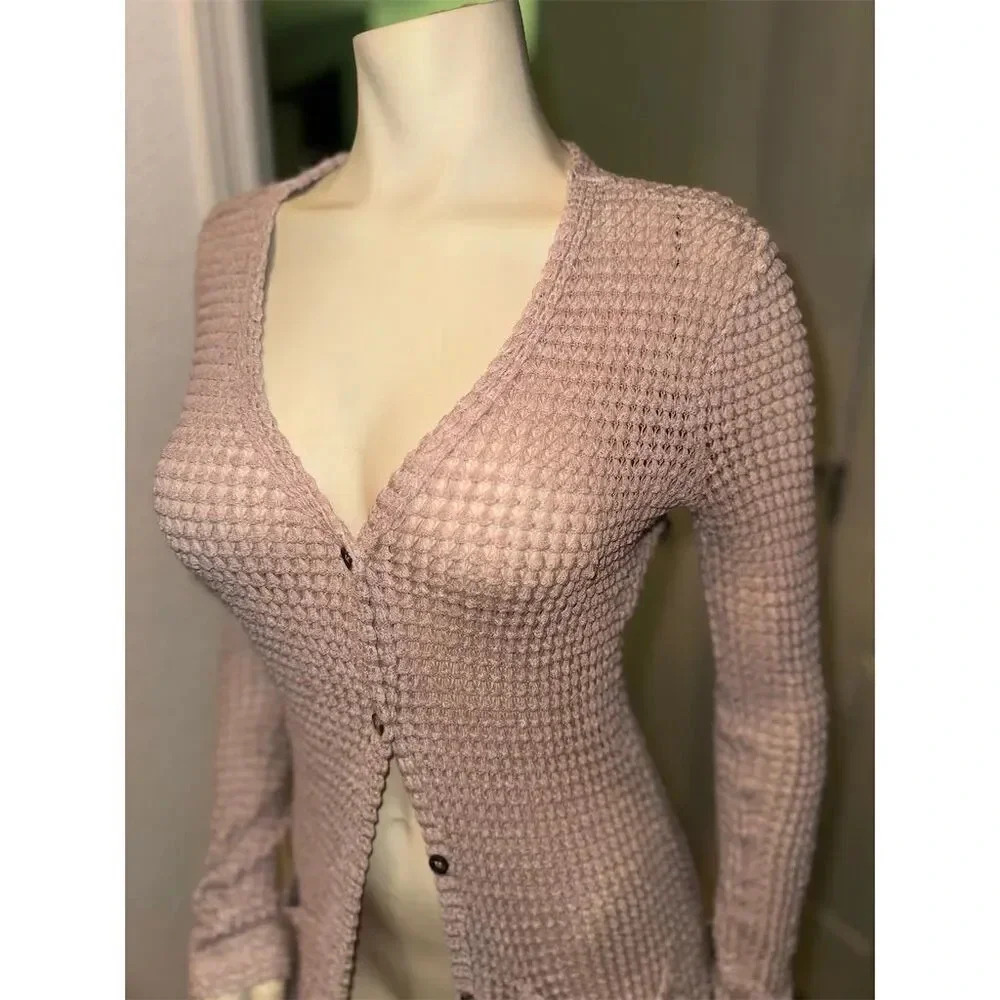 Double Zero Women's Pink Knit Long Button Down Cardigan Sweater Size S Blush - Picture 5 of 12